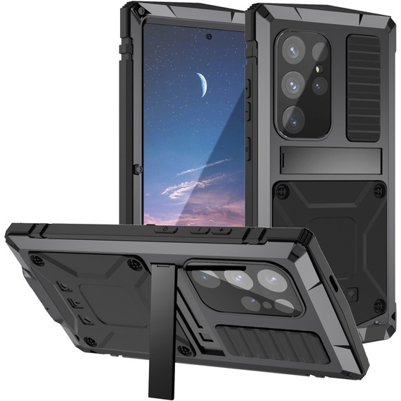 Etui pancerne do Samsung Galaxy S25 Ultra, R-JUST, ze szkłem i podstawką, czarne