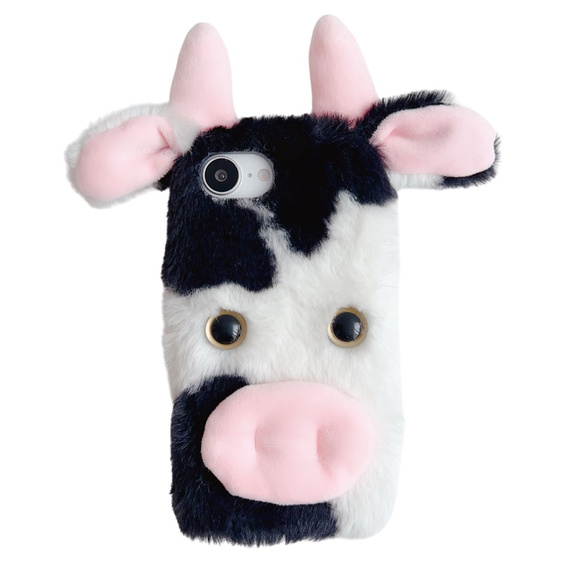 Etui do iPhone 16e, Fluffy Cute Cow, czarne / białe