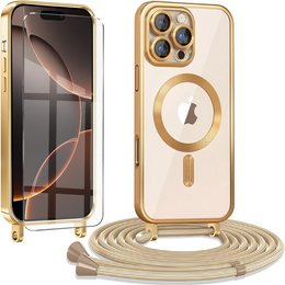 Etui do iPhone 16 Pro Max, Electro MagSafe, złote + Szkło na ekran + Smycz