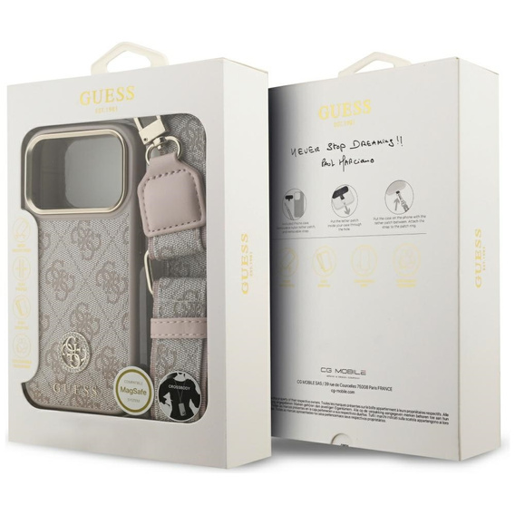 Etui GUESS do iPhone 17 Pro, 4G Strass Logo, do MagSafe, z paskiem, różowe