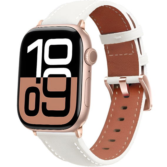 Skórzany Pasek z Klamrą Rose Gold do Apple Watch 1/2/3/4/5/6/7/8/9/10/11/SE 38/40/41/42mm – Biały