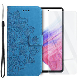 Zestaw Etui z Klapką do Samsung Galaxy A53 5G, Mandala i kwiaty, Niebieskie + szkło