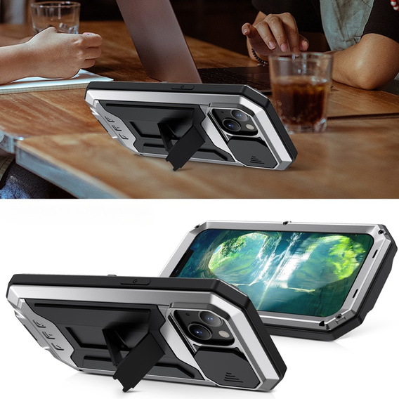 Etui do iPhone 13 Mini, R-JUST CamShield Slide, pancerne, srebrne / czarne