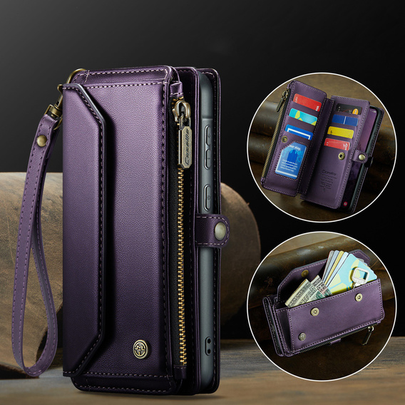 Etui portfelowe z zamkiem i paskami do Samsung Galaxy A17 5G - fioletowe