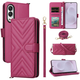 Etui z klapką do Samsung Galaxy S25 Edge, Crossbody Leather Wallet, ciemnoróżowe