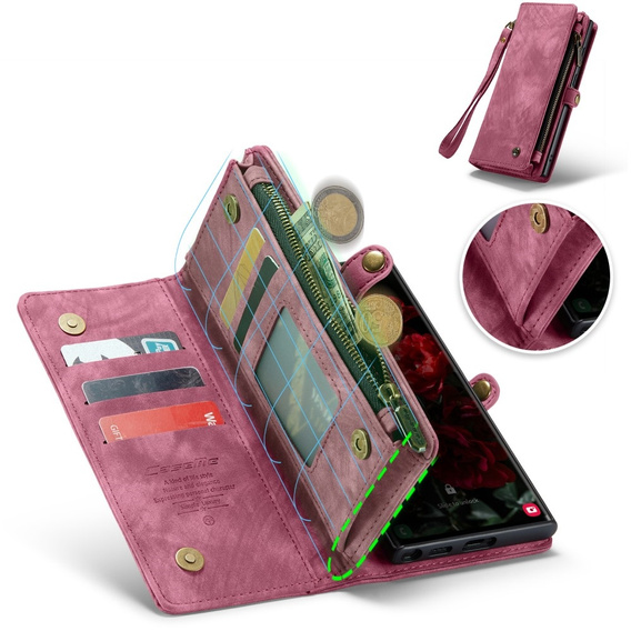 Etui CASEME do Samsung Galaxy S25 Ultra, Retro Leather Wallet, z paskiem, czerwone