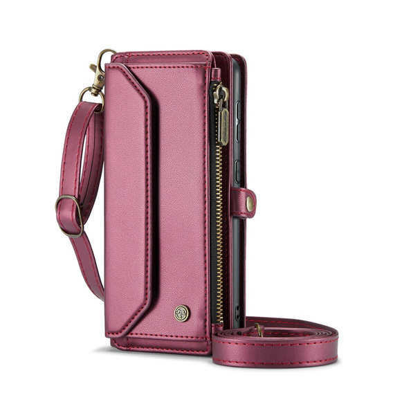 Etui CASEME do Samsung Galaxy S24 FE, RFID Leather Wallet, z paskiem na ramię, czerwone