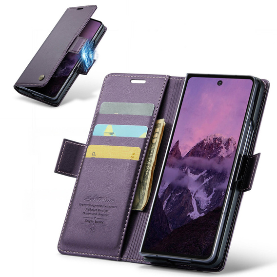 Etui z klapką CASEME do Samsung Galaxy Z Fold7 5G Litchi Wallet – fioletowe