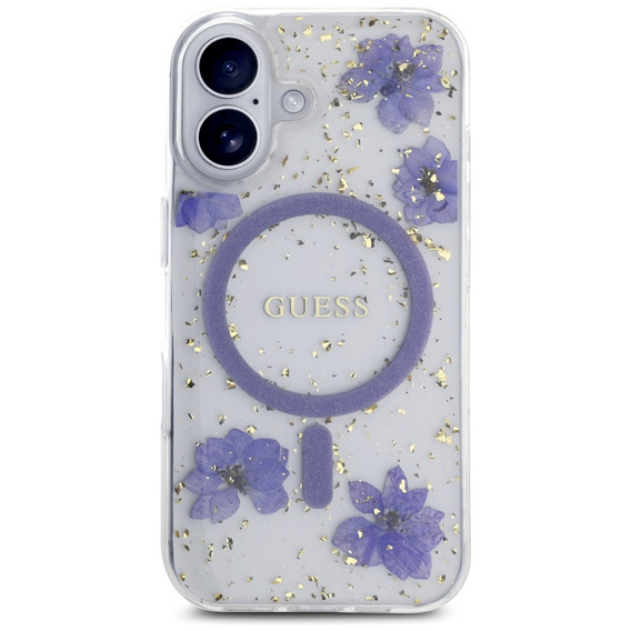 Etui GUESS do iPhone 16, Resin Flowers and Glitter, do MagSafe, fioletowe