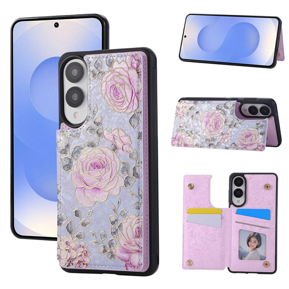 Etui do Samsung Galaxy S25 Edge – skórzane, z ochroną RFID, kieszonkami na karty, motyw róży