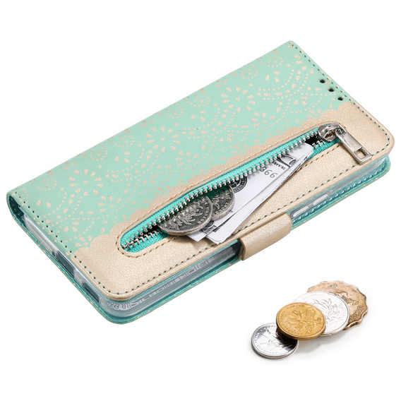 Etui z klapką do Samsung Galaxy S22+ Plus 5G, Wallet Pocket Zipper Lace, zielone