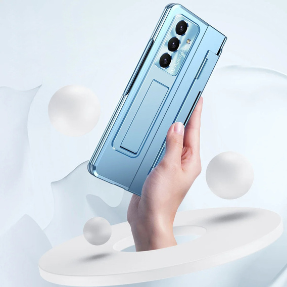 Etui z podstawką do Samsung Galaxy Z Fold7 5G, z ochroną zawiasu, szkłem i rysikiem - niebieskie