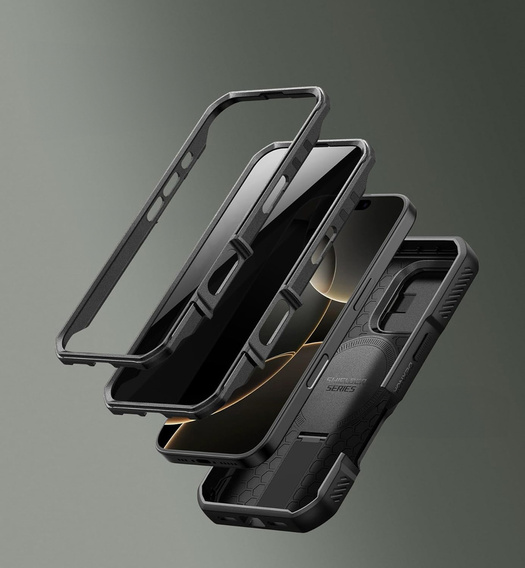 Etui pancerne do iPhone 16 Pro, Dexnor CamProtect MagSafe, z folią prywatyzującą - czarne (Dwie ramki)