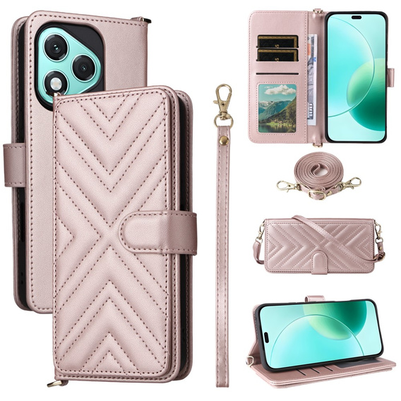 Etui portfelowe do Honor 400 Lite – pudrowy róż, z paskiem na ramię i nadgarstek, funkcją podstawki