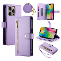 Etui z klapką do iPhone 16 Pro, Wallet Zipper Pocket, fioletowe