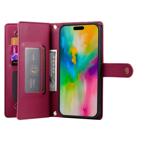 Etui z klapką do iPhone 16 Pro, Wallet Zipper Pocket, czerwone