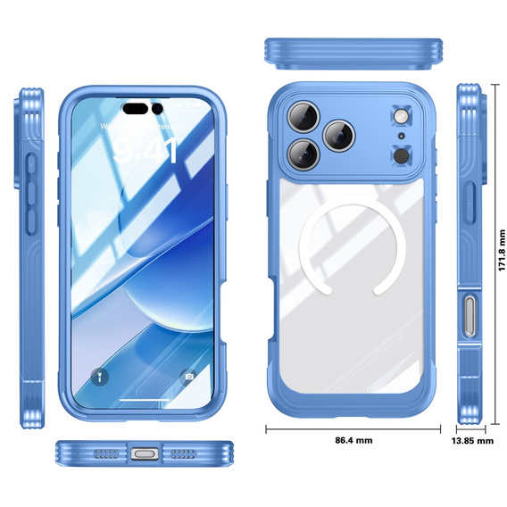 Etui do iPhone 17 Pro Max, Shockproof, ze szkłem, do MagSafe, niebieskie