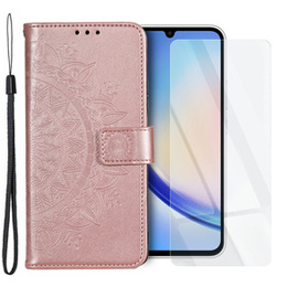 Zestaw Etui do Samsung Galaxy A34 5G, portfel ze wzorem Mandala z klapką, rose gold różowe + szkło