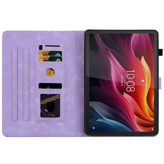 Etui do Lenovo Tab K11 Plus – fioletowe, z tłoczonym motywem lilii, z kieszeniami na karty