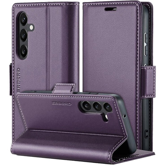 Etui do Samsung Galaxy A15 4G / 5G, ERBORD Glossy Litchi, portfel z klapką, fioletowe + Szkło Hartowane 9H