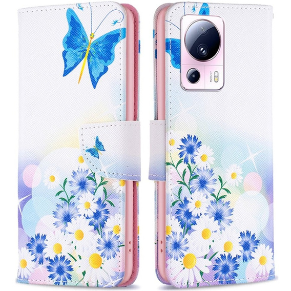 Etui z klapką do Xiaomi 13 Lite, Wallet, Butterfly & Flowers białe