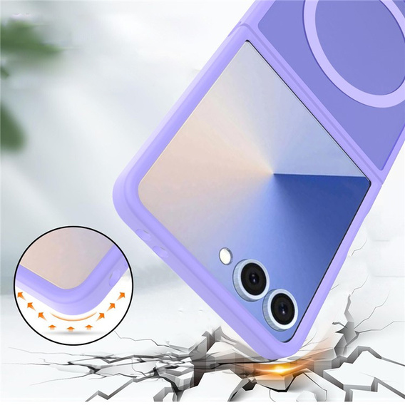Samsung Galaxy Z Flip7 w fioletowym etui z TPU i akrylowymi pleckami, widok ochrony przed zarysowaniami
