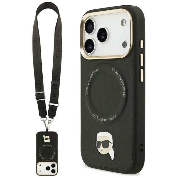 Etui Karl Lagerfeld do iPhone 17 Pro, Big Strap Karl Metal Logo MagSafe, czarne