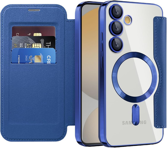 Etui z klapką do Samsung Galaxy S25 FE, RFID Wallet MagSafe z ochroną aparatu, granatowe