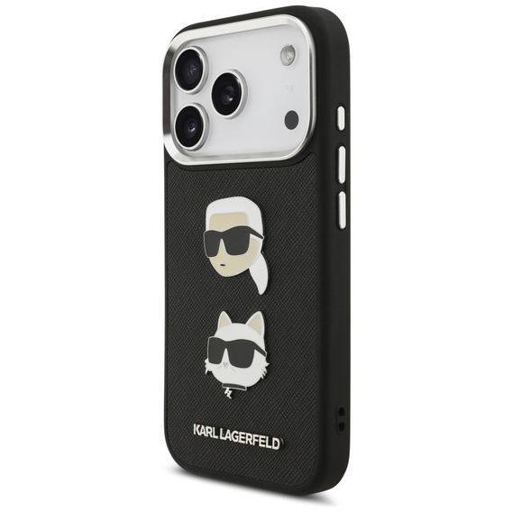 Etui Karl Lagerfeld do iPhone 17 Pro, Grained Karl & Choupette Heads Pins & Logo, czarne