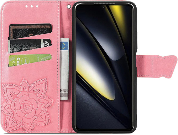 Etui z klapką do Xiaomi Poco F6, Butterfly, różowe rose gold