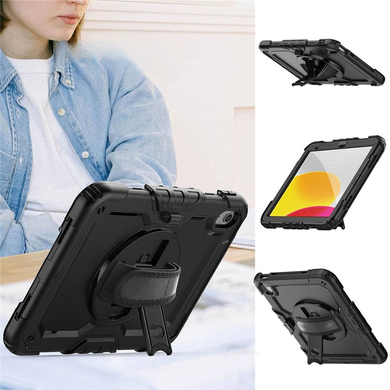 Etui pancerne do iPad 11" 2025 A16 (11 gen.) / 10.9" 2022 (10 gen.) z obrotową podstawką 360°, paskiem na dłoń i paskiem na ramię - czarne