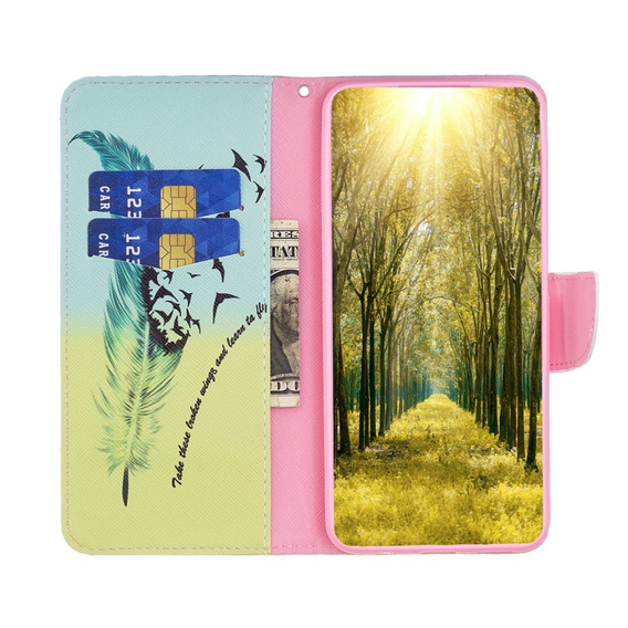 Etui z klapką do Samsung Galaxy A25 5G, Wallet, feather, niebieskie + szkło 9H