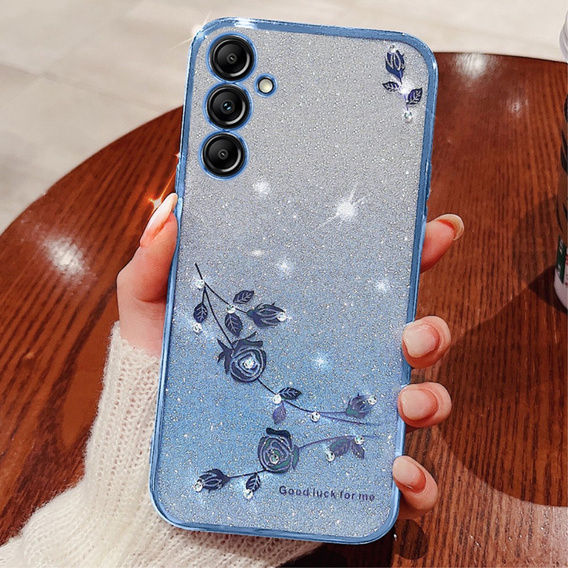 Etui do Samsung Galaxy A15, Glitter Flower, niebieskie + szkło