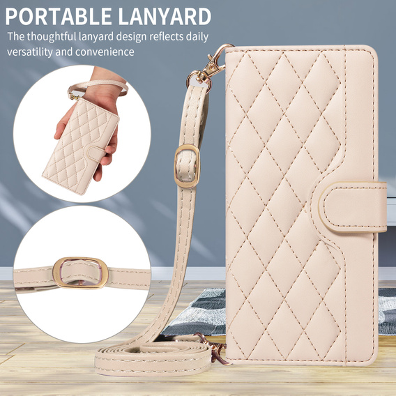 Etui z klapką do Motorola Edge 70, Rhombus Crossbody Leather, beżowe