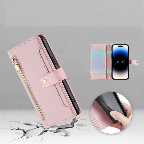 Etui z klapką do iPhone 14 Pro, Wallet Zipper Pocket, różowe