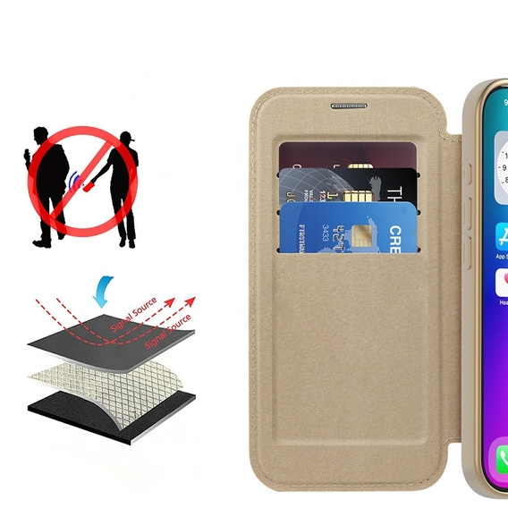 Etui z klapką do iPhone 17, RFID Wallet MagSafe z ochroną aparatu, złote