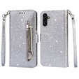 Etui z klapką do Samsung Galaxy A55, Wallet Zipper Pocket Glittery, srebrne