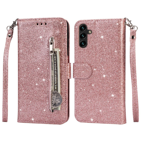 Etui z klapką do Samsung Galaxy A55, Wallet Zipper Pocket Glittery, różowe rose gold