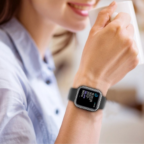 2w1 Etui + Szkło Hartowane do Apple Watch 4/5/6/SE 44mm, z błyszczącymi kryształkami, Czarne