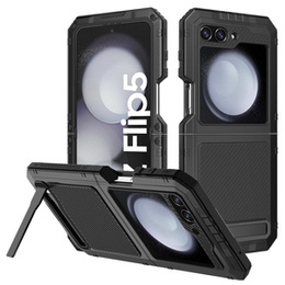 Etui pancerne do Samsung Galaxy Z Flip5 5G, aluminiowe, z podstawką, czarne
