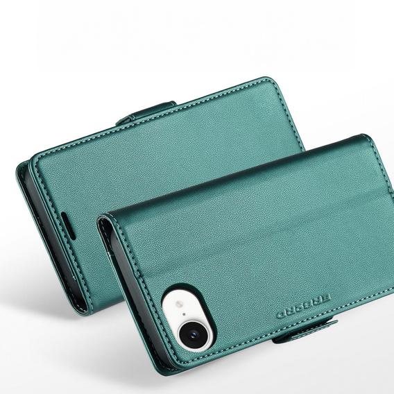 Etui do iPhone 16E, ERBORD Glossy Litchi, portfel z klapką, zielone