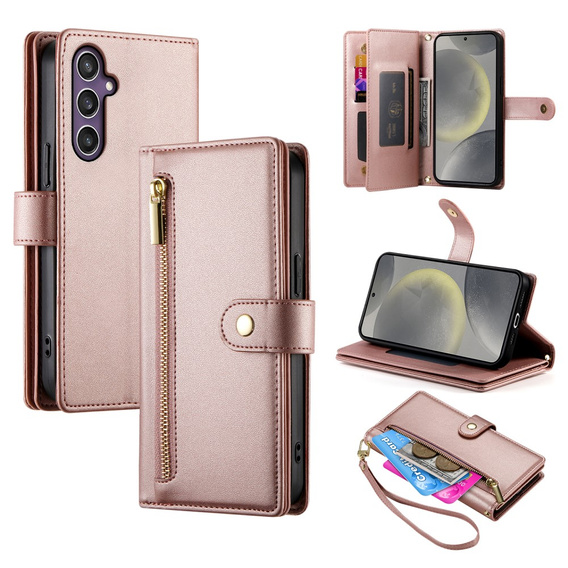 Etui z klapką do Samsung Galaxy S25, Wallet Zipper Pocket, różowe