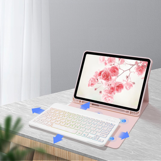 Etui z podświetlaną klawiaturą bluetooth do iPad 11" 2025 A16 (11 gen.) / iPad 10.9" 2022 (10 gen.), różowe