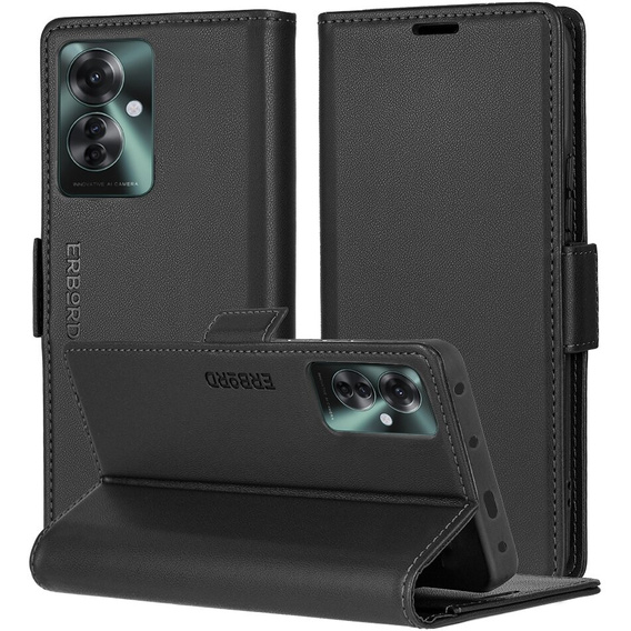 Etui do Oppo Reno 11F, ERBORD Glossy Litchi, portfel z klapką, czarne