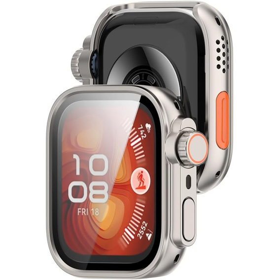2w1 Etui + Szkło Hartowane do Huawei Watch Fit 4 Pro, Srebrne/Pomarańczowe