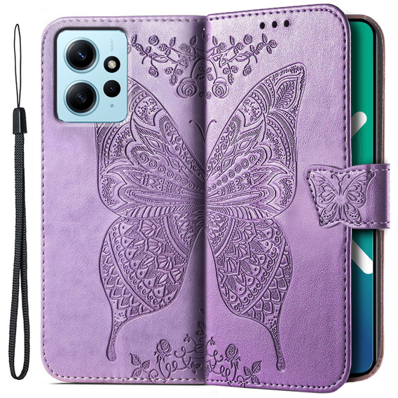 Zestaw Etui z klapką do Xiaomi Redmi Note 12 4G, Motyl, Fioletowe + szkło