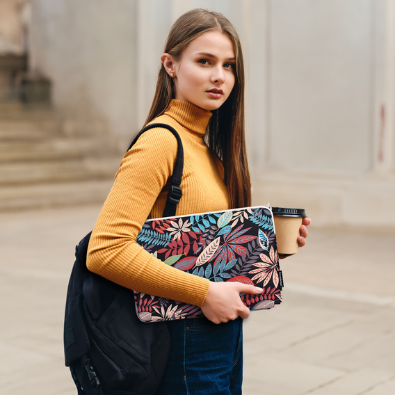 Etui na Laptopa 13" z Kolorowym Nadrukiem Liści - Czarne