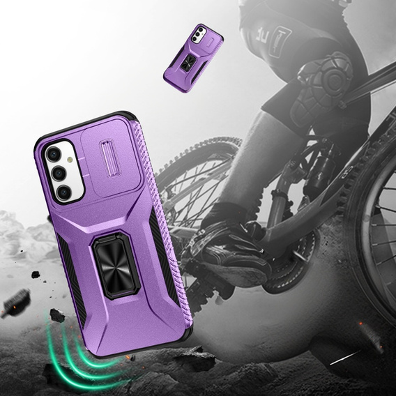 Etui do Samsung Galaxy A15, pancerne Slide Ring, fioletowe + szkło 9H