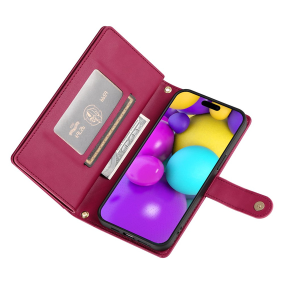 Etui z klapką do iPhone 16 Plus, Wallet Zipper Pocket, czerwone
