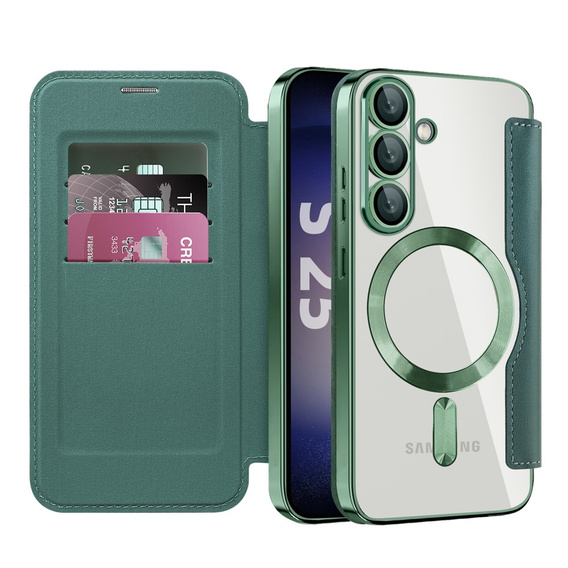 Etui z klapką do Samsung Galaxy S25+ Plus, RFID Wallet MagSafe z ochroną aparatu, zielone